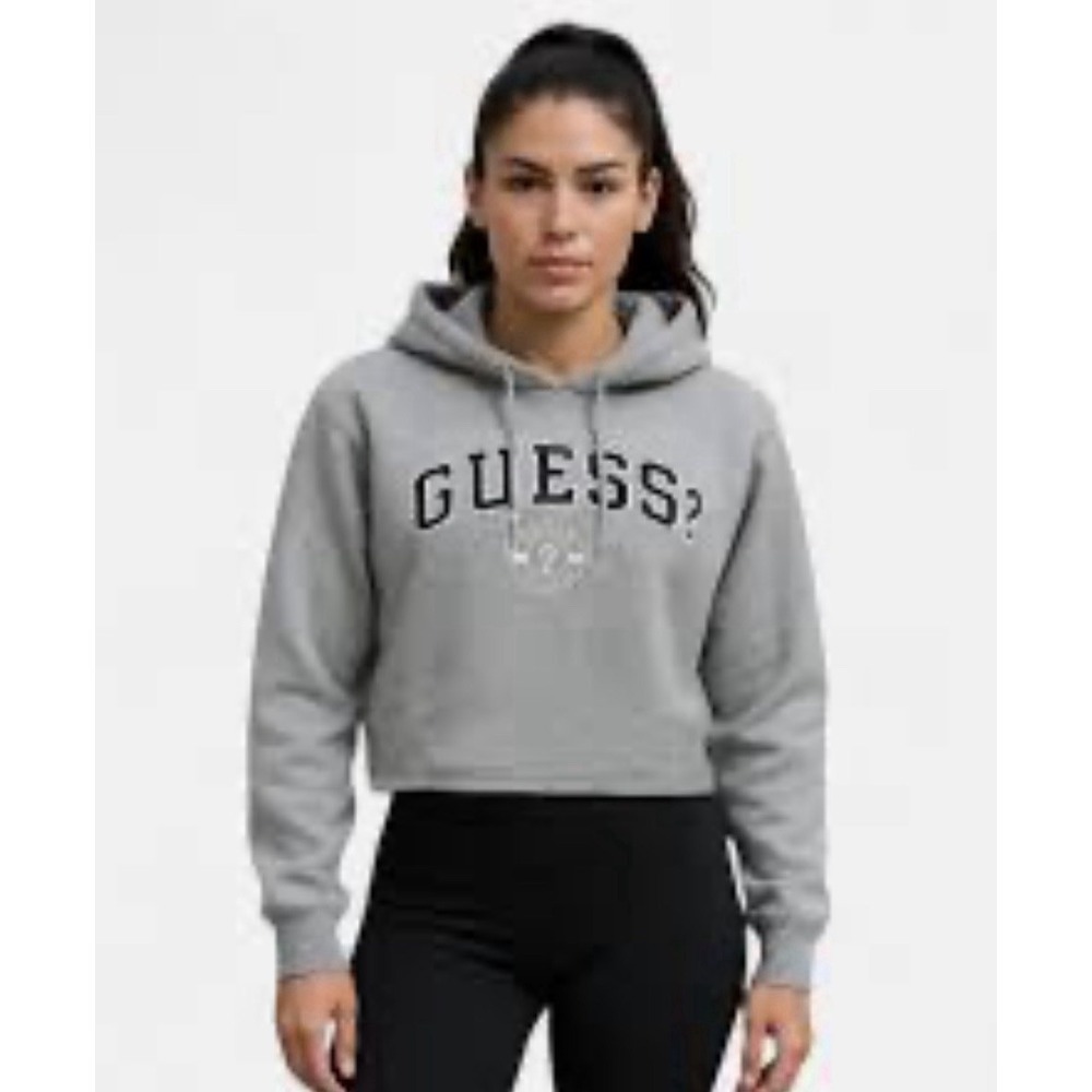 Guess Women's Heather Gray Cropped Logo Hoodie Size Medium